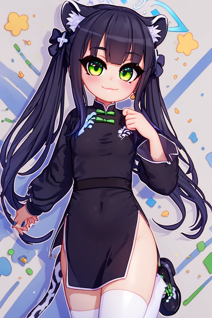 score_9, score_8_up, score_8, medium breasts, (curvy), cute, eyelashes,       BREAK, , ,,,  zzShun, green eyes, black hair, blunt bangs, long hair, animal ears, tiger ears, halo, animal ear fluff, twintails, tiger girl, extra ears, black dress, black footwear, china dress, shoes, short sleeves, white thighhighs,  <lora:Shun_BlueArchive_PDXL_v2:0.8>,  ,,,  , BREAK, smile, closed mouth, looking at viewer, cowboy shot,  ,,, embedding:zPDXL, Expressiveh, ,,, <lora:MantisStyle_PDXL_v2:0.8>, <lora:SDXLFaeTastic2400:0.5>, <lora:Expressive_H-000001:0.4>,