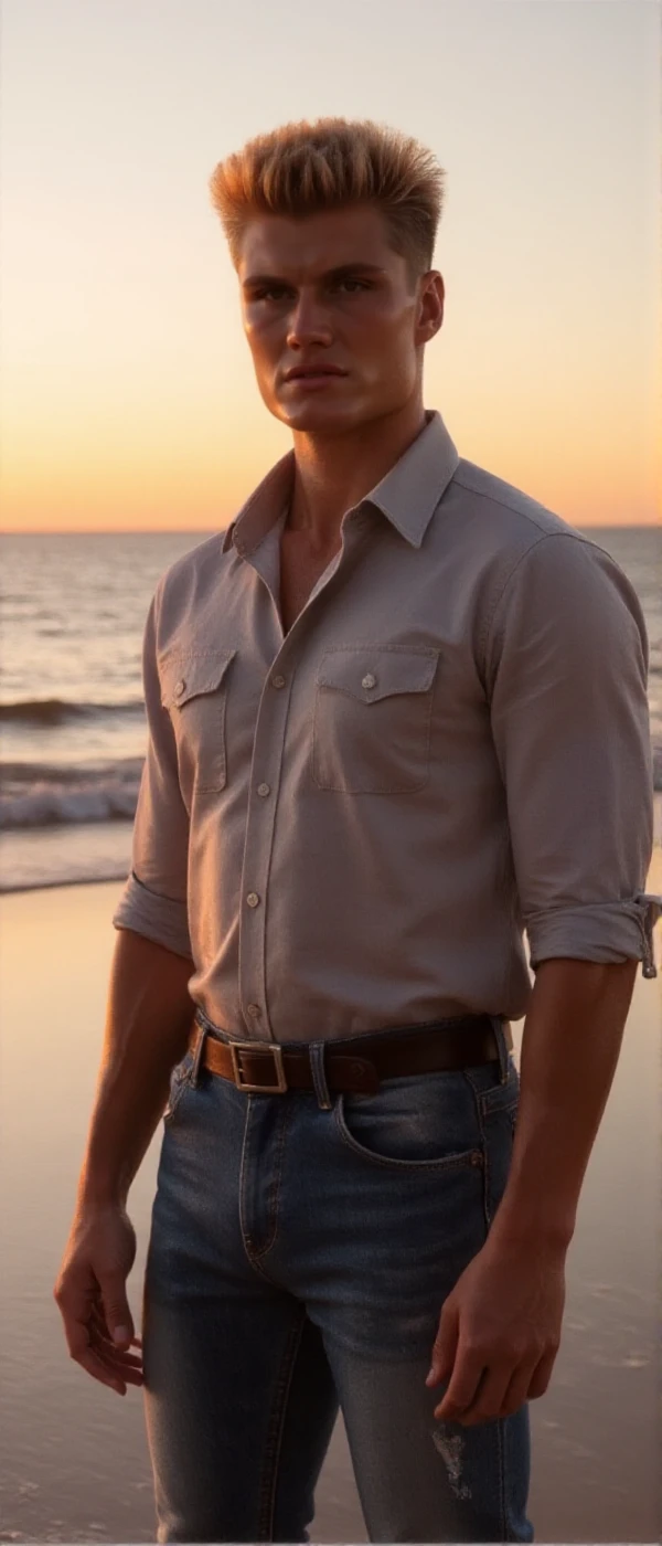 <lora:Ivan Drago:0.9> ivan drago, a man wears a buttondown shirt and jeans. He poses on the beach at sunset.