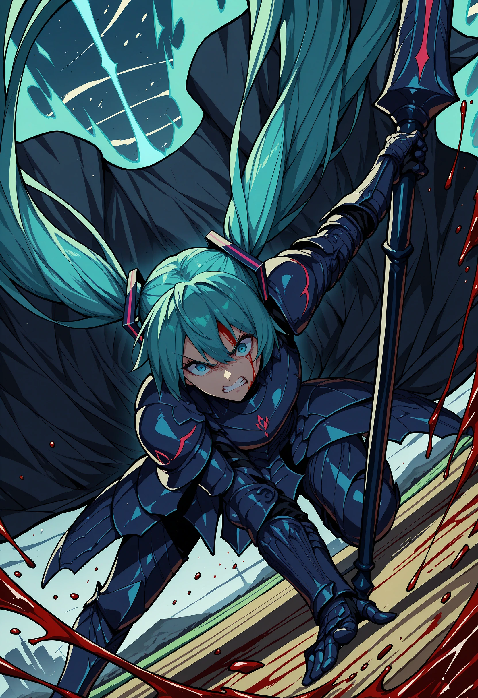 masterpiece, best quality, wearing armor, black armor, gold trim, gauntlets, greaves, cape, holding spear, dynamic pose, hatsune miku, blue eyes, outdoors, aura, foreshortening, angry, dutch angle, reaching towards viewer, unlimited blade works \(fate\), blood, leaning forward, fighting stance, battle, motion lines, motion blur, swinging, swing,