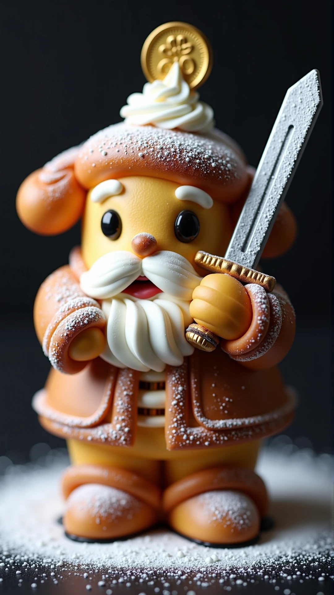 A photo of a SemlaStyle a pirate with a gold coin between his teeth, clutching a sword made entirely out of semla which made out of wheat material with whipped cream and with powdered sugar on top. Food craft.<lora:SemlaStyleFlux:1>