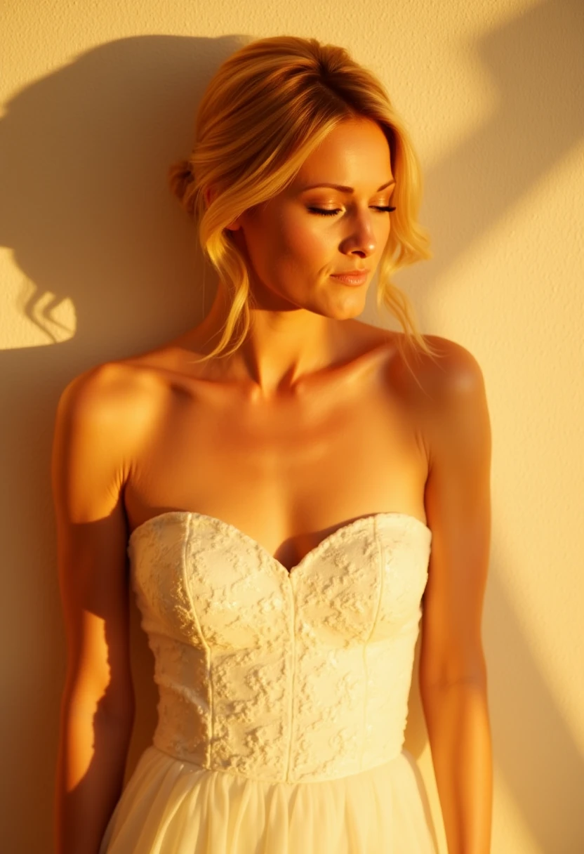 This is a photograph of H3L3N3, a woman standing against a textured, off-white wall, illuminated by warm, golden sunlight. The light casts long, soft shadows of the woman and the wall, adding a sense of depth and drama to the image. The woman has fair skin and long, blonde hair styled in an elegant, loose updo with soft, wispy strands framing her face. Her eyes are closed, giving her a serene and contemplative expression. She wears a strapless, white gown with intricate, textured lace detailing on the bodice, which emphasizes her slender shoulders and collarbone. The texture of the gown is soft and delicate, complementing the smooth, matte finish of the wall. The overall color palette of the image is warm and golden, with the wall and the woman's skin reflecting the warm hues of the sunlight. The photograph captures a tranquil, almost ethereal moment, with the woman appearing slightly out of focus, adding a dreamy quality to the image. The composition and lighting create a romantic and intimate atmosphere, emphasizing the woman's graceful beauty and the serene, almost timeless quality of the scene. 