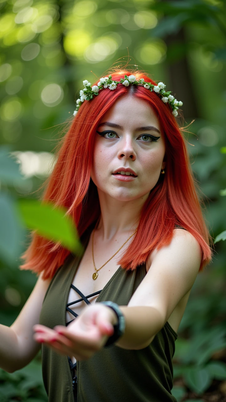there is a woman with red hair and a black top, side portrait of elven royalty, beautiful wood elf, portrait of a female druid, portrait of a dryad, wearing several pendants, dryad in the forest, beautiful young female shaman, evil fire sorceress in the woods, forest soul, side portrait imagery, a young female shaman