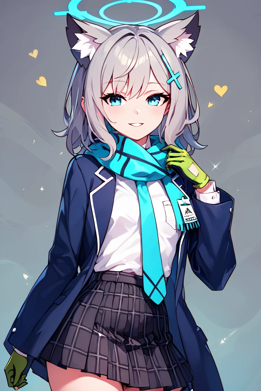 score_9, score_8_up, score_8, medium breasts, (curvy), cute, eyelashes,       BREAK, , ,,,  zzShiroko, blue eyes, animal ears, grey hair, wolf ears, animal ear fluff,  halo, hair ornament, cross hair ornament, mismatched pupils, extra ears, medium hair, blazer, blue scarf, long sleeves, open jacket, pleated skirt, school uniform, solo, blue jacket, blue necktie, hair between eyes, parted lips, plaid skirt, white shirt, black skirt, green gloves, <lora:Shiroko_BlueArchive_PDXL:1.0>,  ,,,  , BREAK, smile, looking at viewer, ,,, abstract background, white outline, cowboy shot, ,,, embedding:zPDXL, Expressiveh, ,,, <lora:CatalystStylePDXL:0.6>, <lora:SDXLFaeTastic2400:0.5>, <lora:Expressive_H-000001:0.4>,