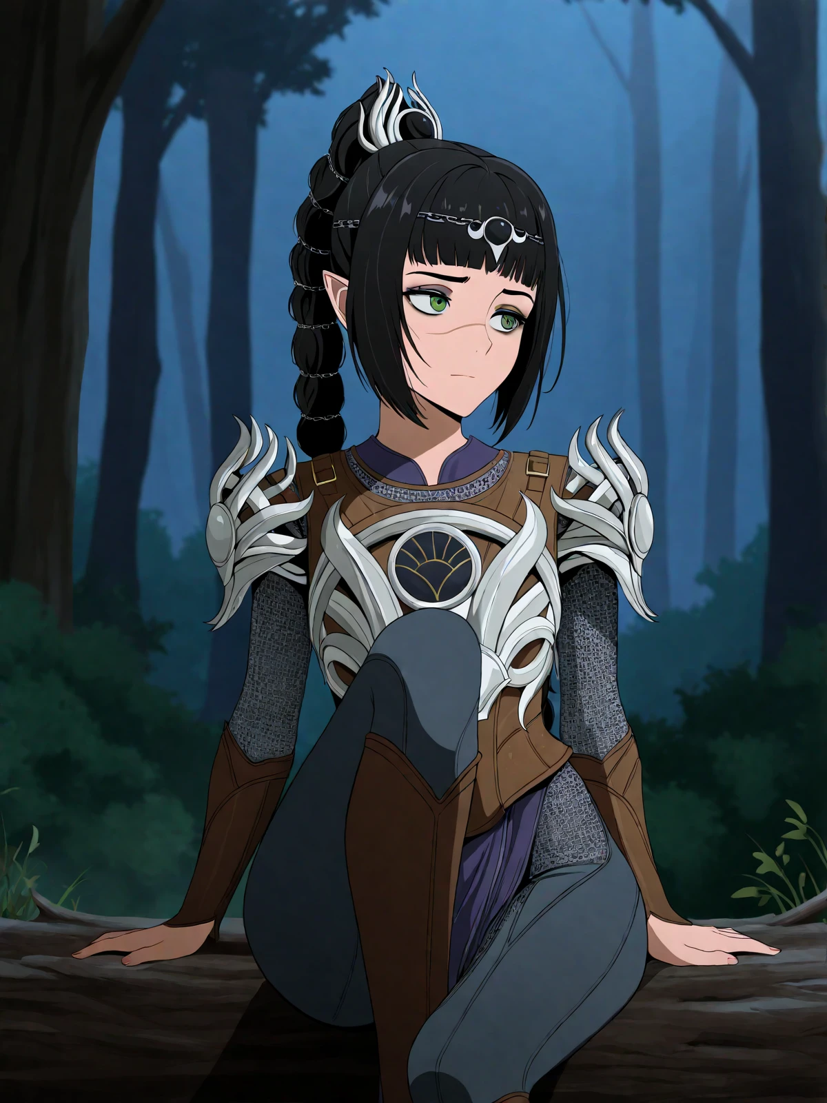 masterpiece, best quality, (coro fae, anime coloring:1.1)
BREAK
shadowheart \(baldur's gate\), black hair, long hair, ponytail, blunt bangs, braid, multi-tied hair, hair ornament, pointy ears, scar on face, green eyes, circlet, armor, breastplate, pauldrons, shoulder armor
BREAK
1girl, solo, sitting, log, knee up, forest, night, dappled moonlight
<lora:shadowheart_nai-eps-sv_fro-0.98-16-16:1>