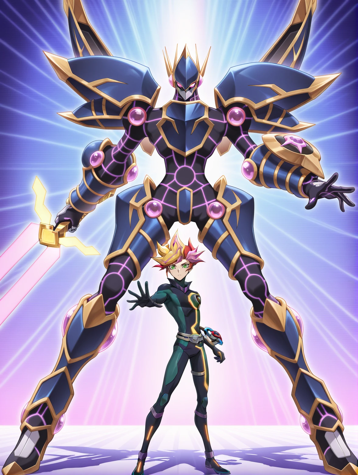 playmaker \(yu-gi-oh!\),1boy,looking at viewer,standing,duel disk,black bodysuit,standing,full body,closed mouth,belt,high collar,1other,mecha,robot,holding energy sword,energy sword,decode talker,
masterpiece,best quality,amazing quality,very aesthetic,absurdres,newest,polka dot background,
<lora:Playmaker, Accesscode, Decode Talker & Firewall Dragon illuXL v1.1:0.8>,