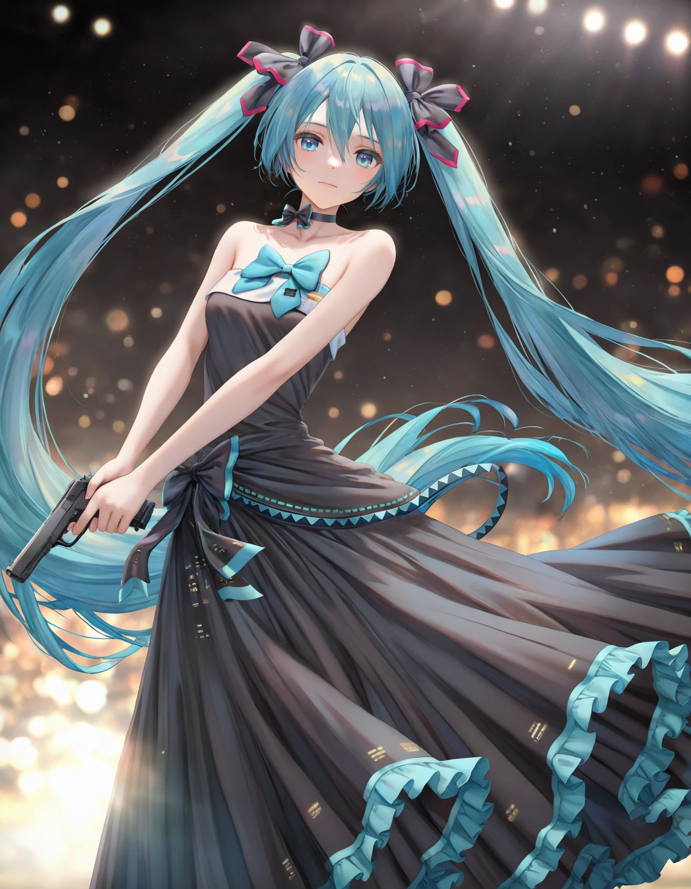 rei_(sanbonzakura),(wlop:0.9),Torino aqua,(tomozero:0.9),
mikusymphony2017, 1girl, hatsune miku, very long hair, blue eyes, hair between eyes, twintails, collarbone, black frilled dress, strapless long dress, bare arms, black bow, black choker, blue bow, 
expressionless, emotionless, cinematic lighting,  dynamic angle,
dim, dark scene, holding pistol, handgun, aim at viewer, looking at viewer, from below,
burry background, bokeh,
simple background, gradient background,
masterpiece, best quality, amazing quality, very aesthetic, absurdres,
 <lora:Fixhands_anime_bdsqlsz_V1:1>  <lora:mikusymphony2017_anynoob10_B:0.8>,