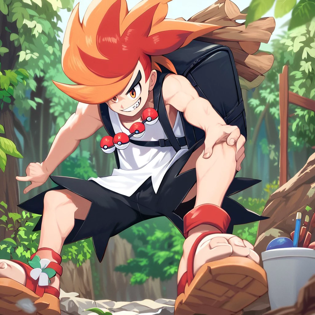 (masterpiece), score_9, score_8_up, score_7_up, score_6_up, score_5_up, score_4_up, source_anime, 1boy, solo, Benga, multicolored hair, orange hair, orange eyes, fangs , white shirt, black shorts, sandals, backpack, pokeballs necklace, grin, V, in a forest