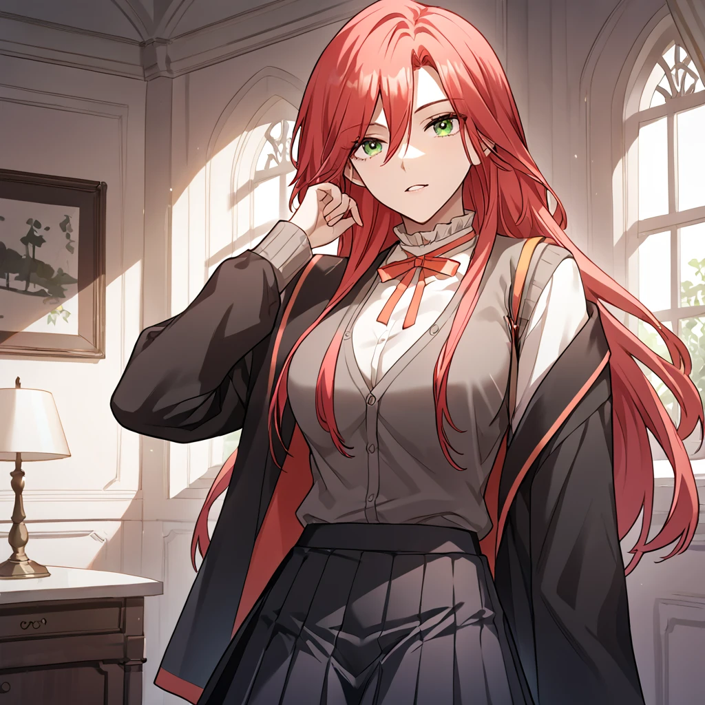 1girl, solo, amy_karmis, green eyes, red hair, long hair, breasts, bangs, hair between eyes, ribbon, neck ribbon, red ribbon, black robe,  white shirt, frilled collar, school uniform, grey cardigan, black skirt, 
looking at viewer, 
score_9, score_8_up, score_7_up, masterpiece,zPDXL3, indoors,
<lora:Amy_Karmis:0.7>