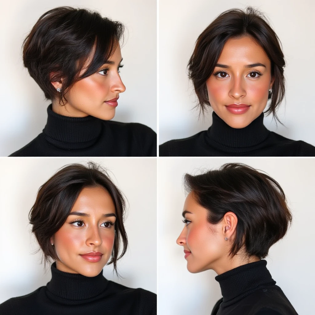 Contact sheet with 4 images of a woman with a messy short bob cut wearing a black turtleneck, ,<lora:alexsaintmleux_local_merger_27_46_47_03_04_03:1>