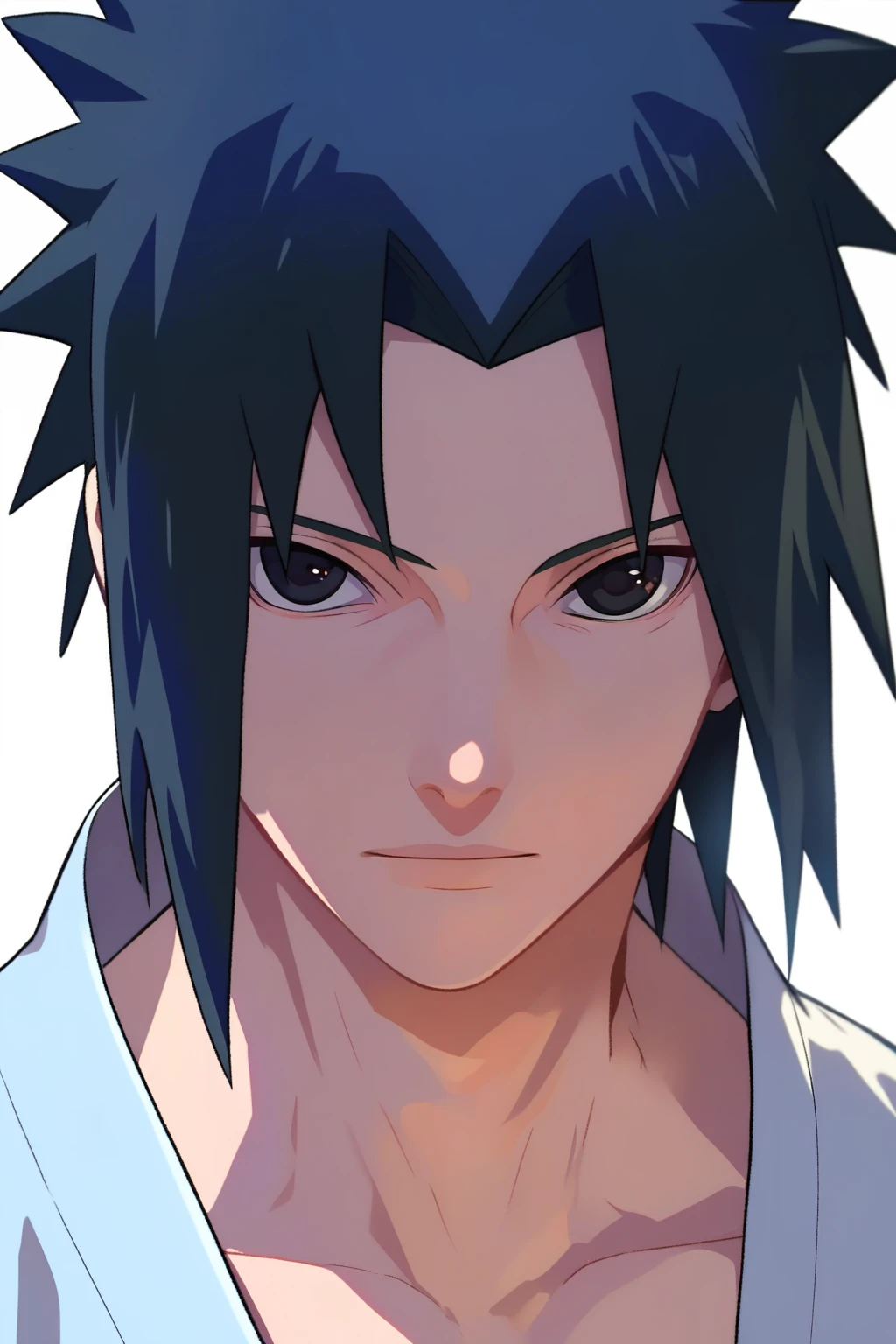 score_9, score_8_up, score_7_up, source_anime, detailed, novel illustration, wallpaper, sasuke uchiha, 1boy, black hair, black eyes, white shirt, japanese clothes, open clothes, looking at viewer, portrait, white background, simple background