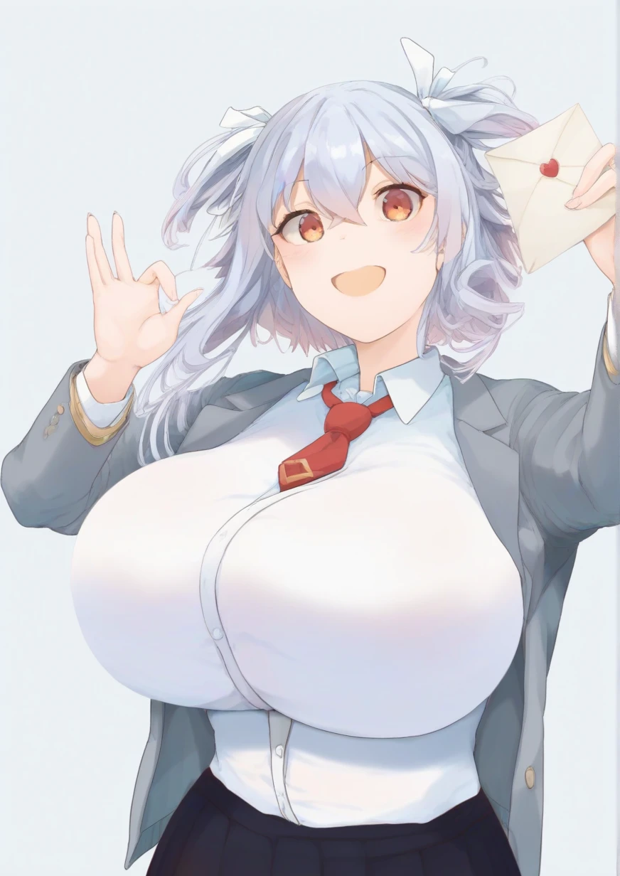 Short white hair, blue eyes, eyepatch, adorable smile, cute smile, skirt, sweater, gray sweater, big butt, big ass, wide hips, big thighs, thigh highs, small boobs, very small boobs, looking up at viewer, front view, lusty smile, shy, blush, blushing, fellatio, fellatio gesture, peace sign, open mouth, tongue, sticking out tongue, drool, magazine cover, short skirt, grabbing own ass, grabbing own butt,