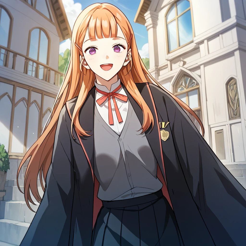 1girl, solo, sharelle, long hair, blunt bangs, bangs, orange hair, purple eyes, ribbon, red hairclip, neck ribbon, black jacket, red ribbon, black robe, white shirt, school uniform, grey vest, black skirt, thighs, long skirt, 
looking at viewer, smile, open mouth, 
score_9, score_8_up, score_7_up, masterpiece,zPDXL3, outdoors, 
 <lora:Sharelle:0.85>