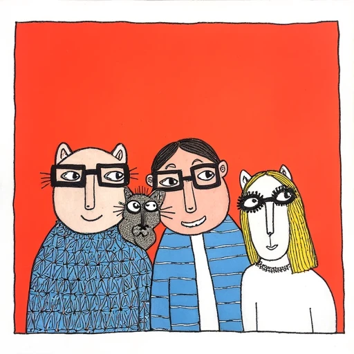 wearing black-framed glasses and a blue and white striped shirt. The cat has a fluffy, two men and one woman, curved tail and a large, cartoonish style with bright colors and bold lines., hand-drawn illustration of three women and a bear in a white frame on a red background. The woman on the left is wearing a blue dress with a geometric pattern, holding a small bird in her arms. The woman has a gentle expression and is wearing a flowing