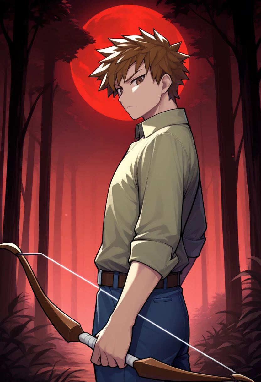 masterpiece, best quality, solo, 1boy, serious, looking at viewer, <lora:Guide-illus_Fp-000005:1>, guidetre, brown hair, brown eyes, short hair, spiked hair, green shirt, collared shirt, belt, blue pants, outdoors, forest, red moon, bow \(weapon\), from side,