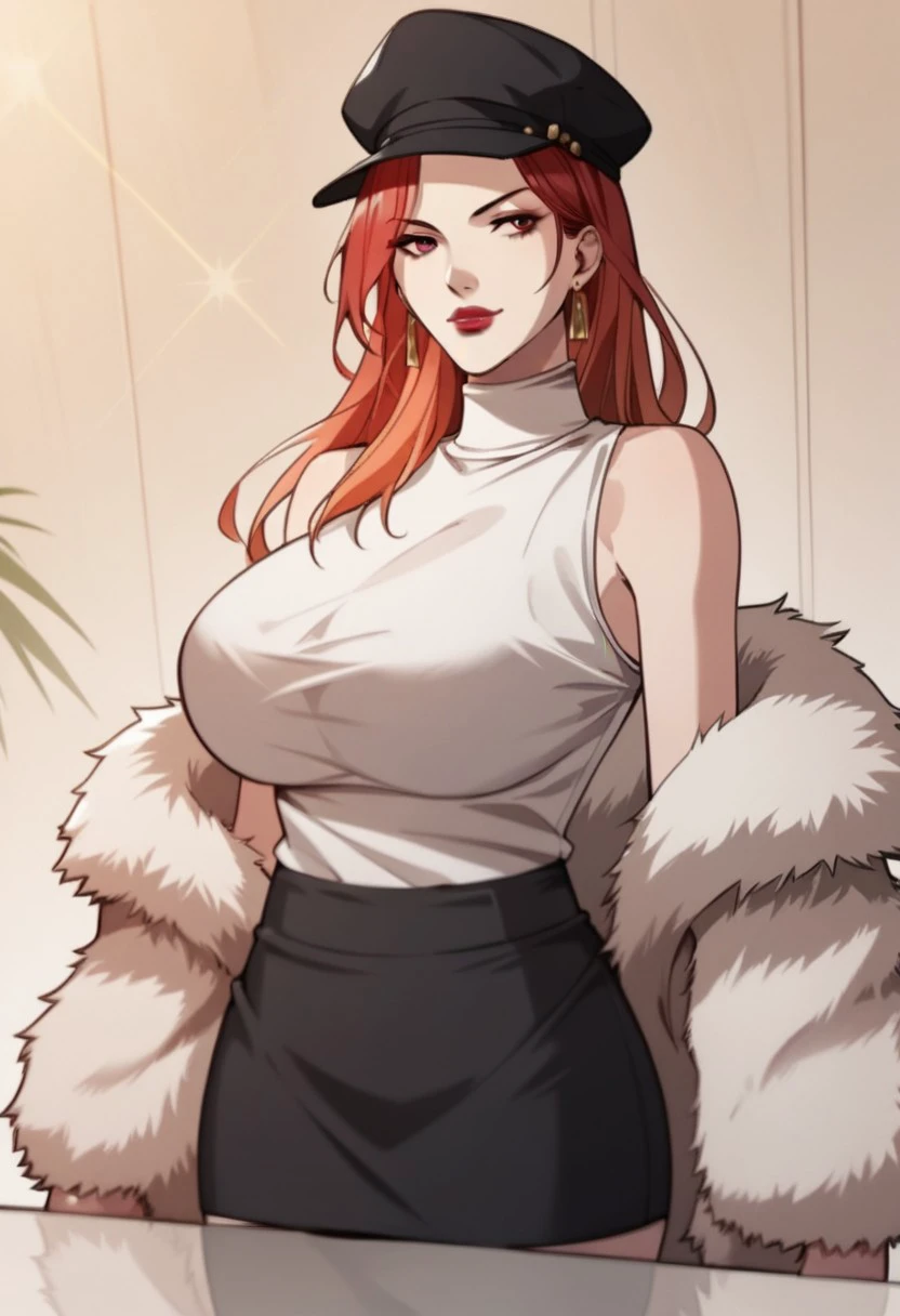 score_9, score_8_up, score_7_up, BREAK, TaoYaoying, long hair, gradient hair, red hair, orange hair, red eyes, large breasts, red lips, makeup, TaoIncognito, black hat, stud earrings, turtleneck, sleeveless shirt, white shirt, fur coat, black skirt, pencil skirt, 1girl, solo,