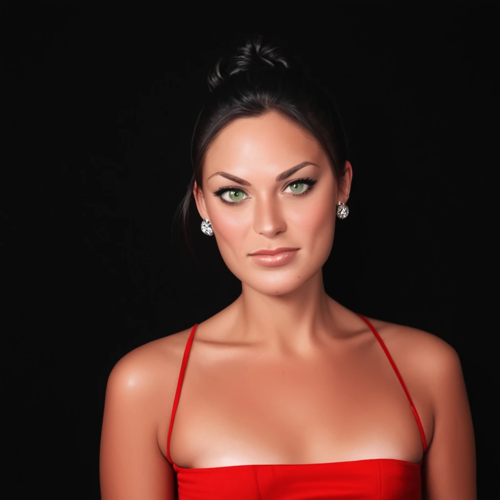 masterpiece, best quality,  <lora:Pony_Michele_Fitzgerald_-_Survivor_Seasons_32_and_40:1>, m1chf1tz, 1girl, solo, dress, red dress, black hair, bracelet, breasts, realistic, earrings, looking at viewer, black background, lips, small breasts, hair bun, single hair bun, green eyes