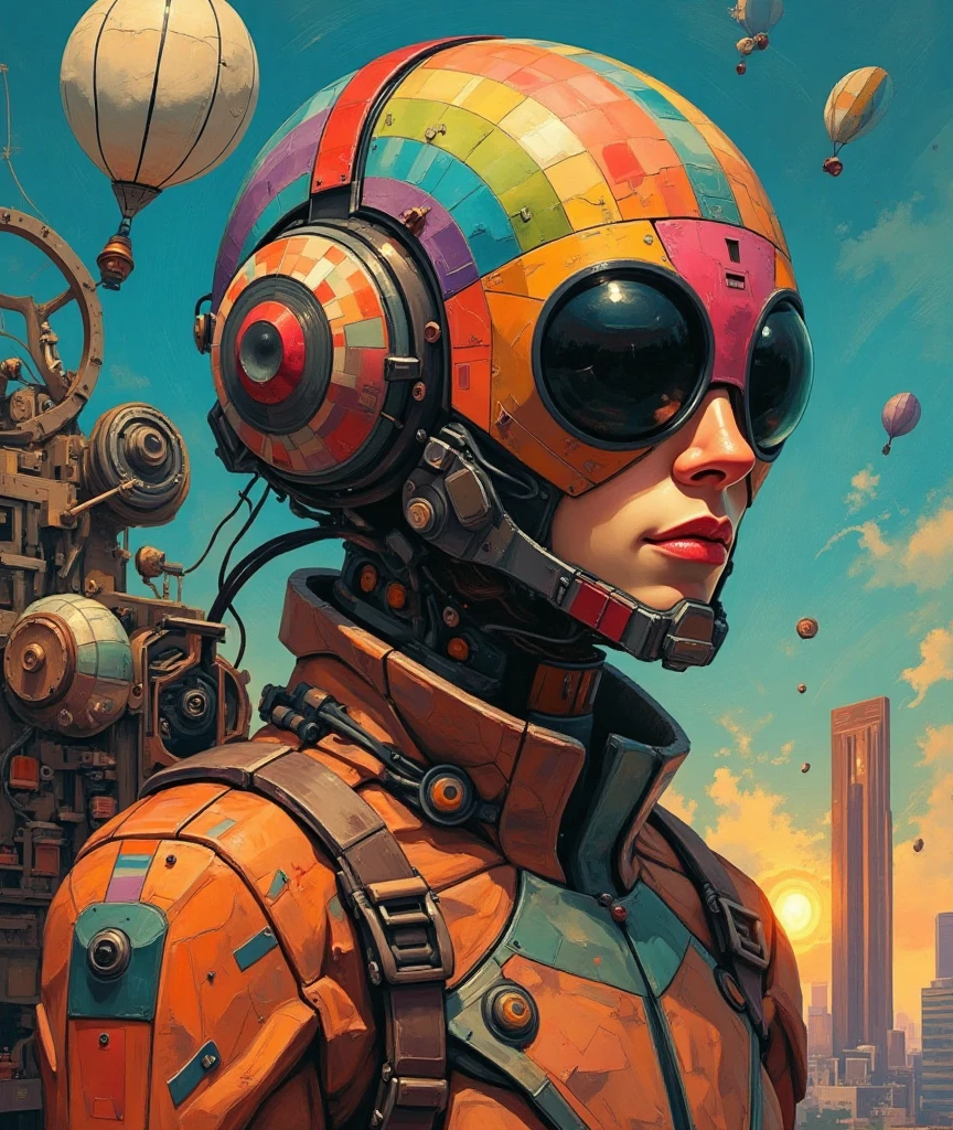 A vibrant painting in imagenious style. The central subject is a human figure, depicted with a helmet-like head that is segmented into geometric shapes and adorned with a rainbow-colored pattern. The face is abstract, with a large, black, circular eye and a small, round nose. The figure's body is partially visible, clad in a suit that features geometric patterns and a mix of orange, brown, and black hues. The background is a clear, deep blue sky with a hint of a setting sun on the horizon, casting a golden light. In the distance, there are two tall, rectangular buildings, one with a light brown exterior and the other with a darker brown, suggesting an urban setting. To the left of the figure, there are intricate, abstract mechanical elements, including a large, white, balloon-like object with black lines and a small, black, spiral shape. The overall composition is dynamic, with strong contrasts and a sense of movement.