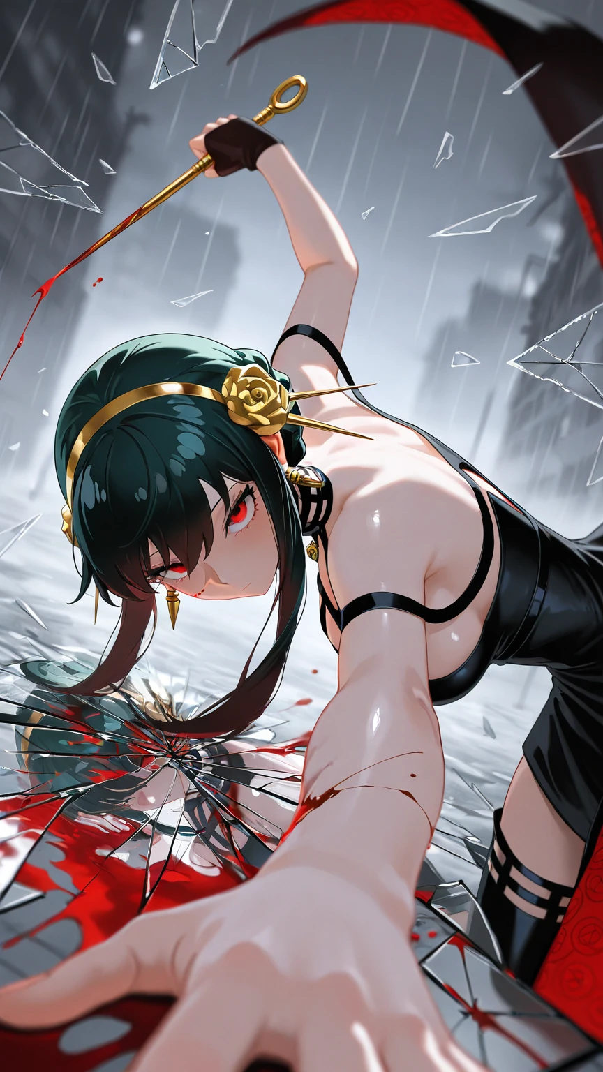 (masterpiece, best quality), amazing quality, very aesthetic, absurdres, highres, newest, HDR, 8K, high detail RAW color art, intricate details, high contrast, detailed background, beautiful detailed, beautiful face, blight face, large pupil, eyelashes, brilliant skin, shiny skin,
1girl, solo, yor briar\(spy x family\), bare shoulders, cleavage, two-sided dress, black dress, war-torn urban landscapes, creating a dramatic contrast, poster, no facial expression, bloody background, Expressionless, cold eyes, bloody background, black rain, (flowing wave blood), holding weapons, cutting through, leaning forward, arm up, arm forward, battle, dynamic pose, action, twist your upper body greatly, fighting stance, (Blood stains on the screen), broken glass, shattered screen, ((glass, breaking, shatter:1.2)), strong visual impact, film lighting, different reflection, reflection, glass shards, broken glass, reaching towards viewer, shatter across face, bokeh, blurry background,