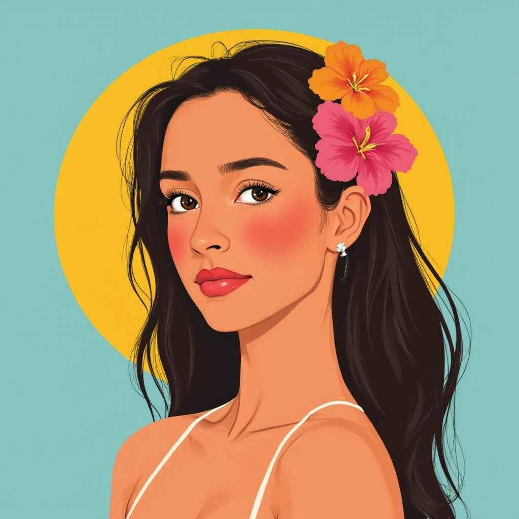 Use modern vector graphics flat design art with vibrant colors with a limited color pallete and simple shapes to create an illustration of a woman wearing flowers in her hair looking at the viewer, ,<lora:alexsaintmleux_local_merger_27_46_47_03_04_03:1>