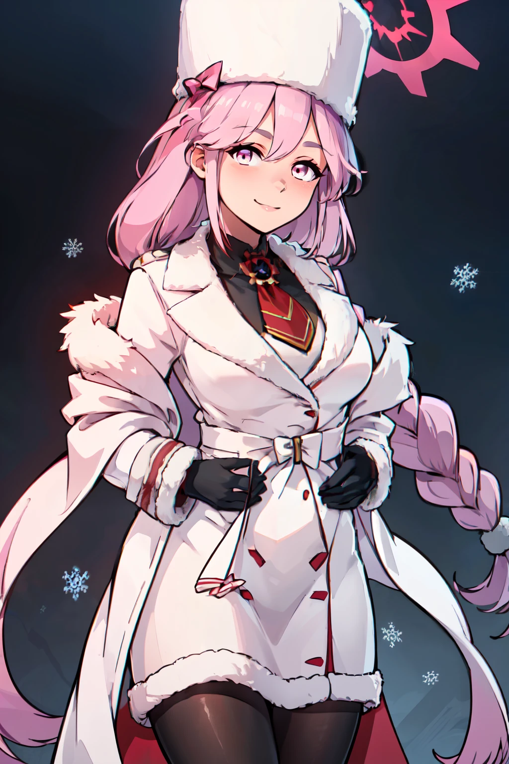 ((masterpiece,best quality)), absurdres,  BREAK, , <lora:Tomoe_BlueArchive_Citron:0.8>,, zzTomoe, long hair, pink hair, halo, braid, pink eyes, very long hair, black gloves, holding, necktie, ushanka, white headwear, fur trim, long sleeves, winter clothes, black pantyhose, purple hair, twin braids, white coat , BREAK, hip to the side, contrapposto, cowboy shot,, BREAK, solo, smile, looking at viewer, cowboy shot,