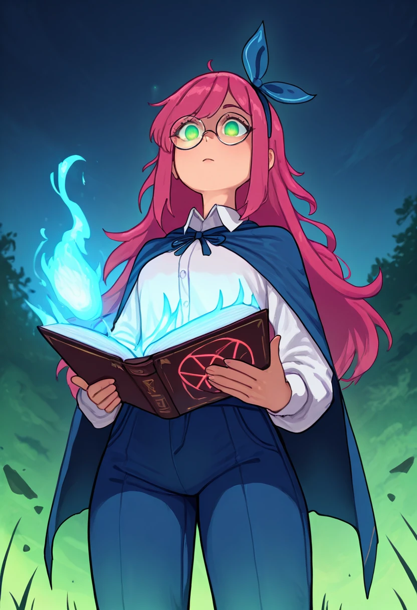 masterpiece, best quality, 1girl, solo, <lora:NSStylistTerraria:1> NSStylistTerrariaIllu, pink hair, long hair, green eyes, hairband, hair bow, round eyewear, glasses, dark blue cloak, magic, spell, blue glow, glowing eyes, blue pants, white shirt, collared shirt, from below, holding book, outdoors