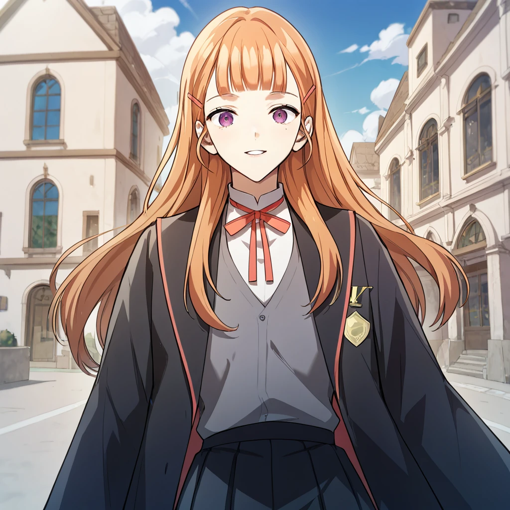 1girl, solo, sharelle, long hair, blunt bangs, bangs, orange hair, purple eyes, ribbon, red hairclip, neck ribbon, black jacket, red ribbon, black robe, white shirt, school uniform, grey vest, black skirt, 
looking at viewer, 
score_9, score_8_up, score_7_up, masterpiece,zPDXL3, outdoors, 
 <lora:Sharelle:0.85>