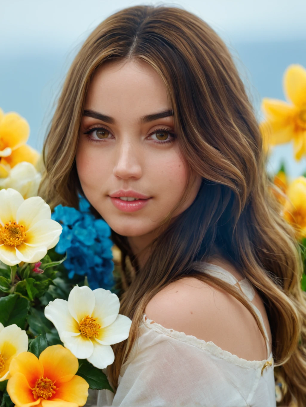 anadearmas, Anadearmas,score_9, score_8_up, score_7_up, anadearmas, cute face, look at camera, pose, long hair, 4k, realistic, flowers in hand,beautiful,cute,full body