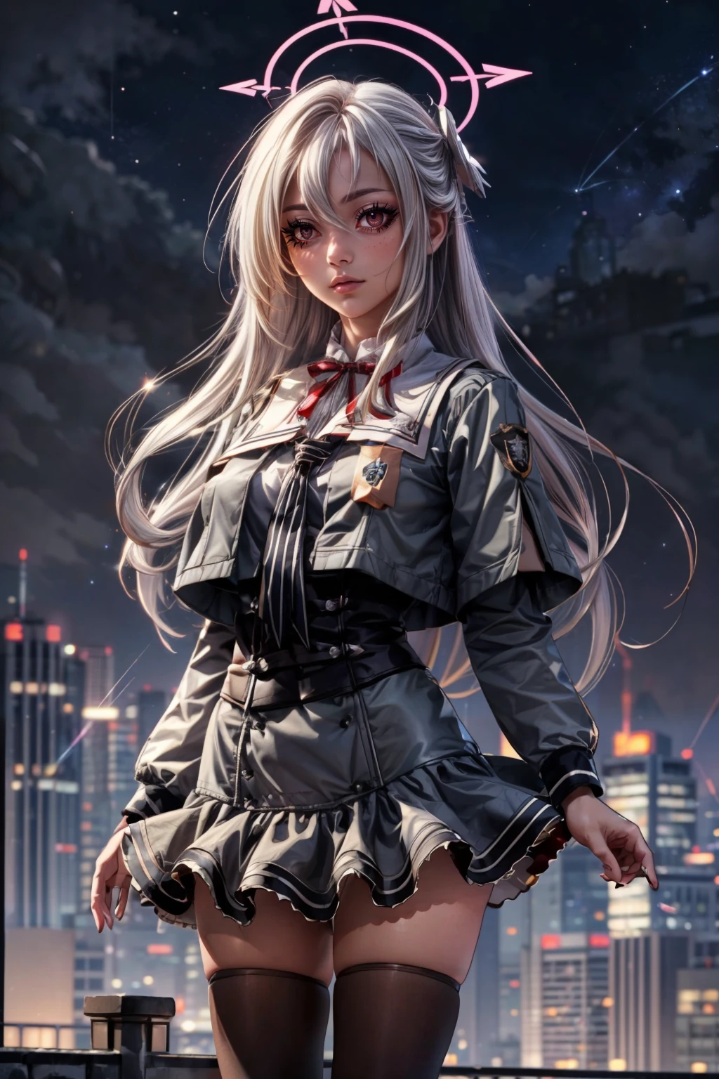 (ultra realistic,32k, masterpiece:1.2),(high detailed skin:1.1),( high quality:1.1), <lora:IllyasvielVonEinzbern_v1:0.7>, zzIllya, looking at viewer, night, outdoors, sky, BREAK,   <lora:Suzumi_BlueArchive_Citron:0.8>, zzSuzumi, long hair, halo, red eyes, hair between eyes, wings, head wings, white hair, grey hair, single head wing, very long hair, ,neck ribbon , black thighhighs, long sleeves, school uniform, grey skirt, shirt, brown footwear, loafers, grey jacket, standing  ,BREAK,  blooming stars, luminescent petals, otherworldly fragrance blurry background, (looking at viewer, standing:1.1), huge breast, large breast, <lora:add_detail:0.92>, (glowwave:1.1),