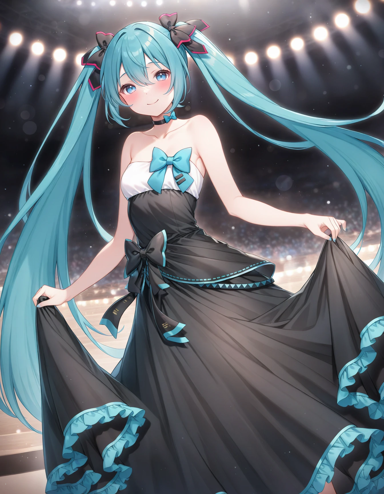 (miyuki \(miyuki0529\):1.1025),(nekonyan:1.1576),
mikusymphony2017, 1girl, hatsune miku, very long hair, blue eyes, hair between eyes, twintails, collarbone, black frilled dress, strapless long dress, bare arms, black bow, black choker, blue bow, 
smile, blush, aroused, cinematic lighting,  dynamic angle,
holding skirt, skirt lift, dress lift, looking at viewer, from below,
burry background, bokeh,
indoor, concert hall, concert,
masterpiece, best quality, amazing quality, very aesthetic, absurdres,
 <lora:Fixhands_anime_bdsqlsz_V1:1>  <lora:mikusymphony2017_anynoob10_B:0.8>,