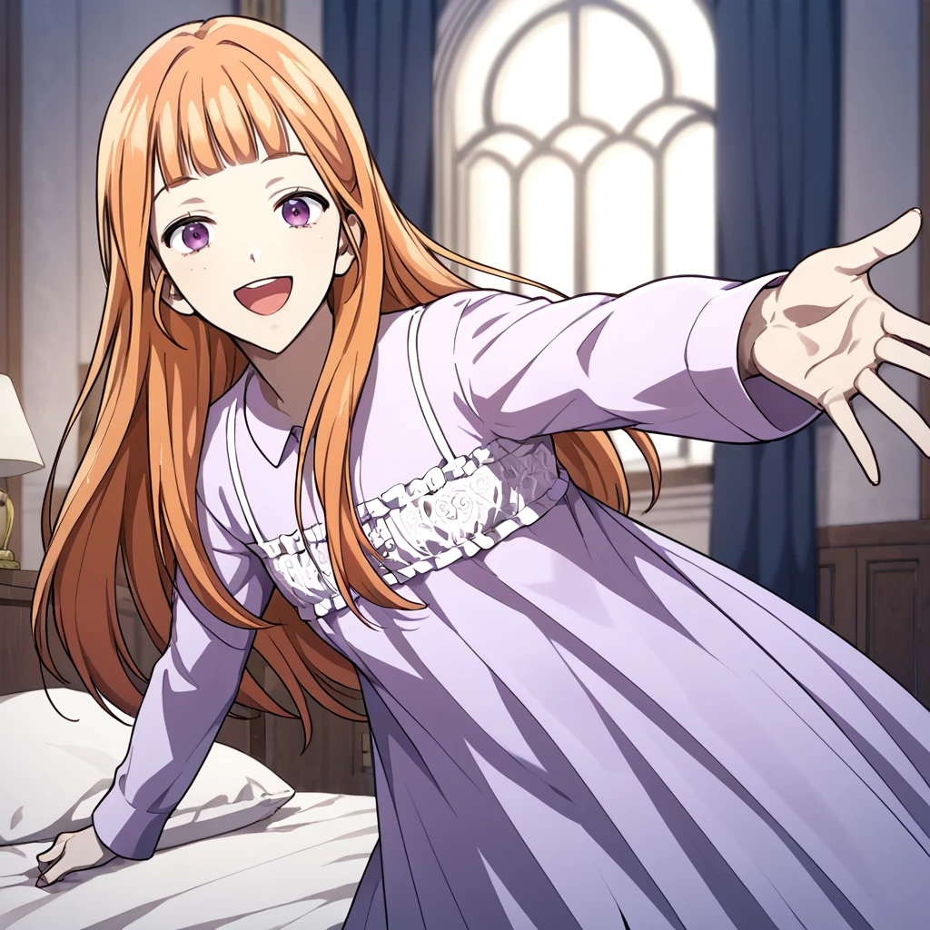 1girl, solo, sharelle, long hair, blunt bangs, bangs, orange hair, purple eyes, dress, nightgown, purple nightgown, smile, open mouth, outstretched arms, 
looking at viewer,
score_9, score_8_up, score_7_up, masterpiece,zPDXL3, indoors, bed, on bed, on side, from side, 
 <lora:Sharelle:0.85>