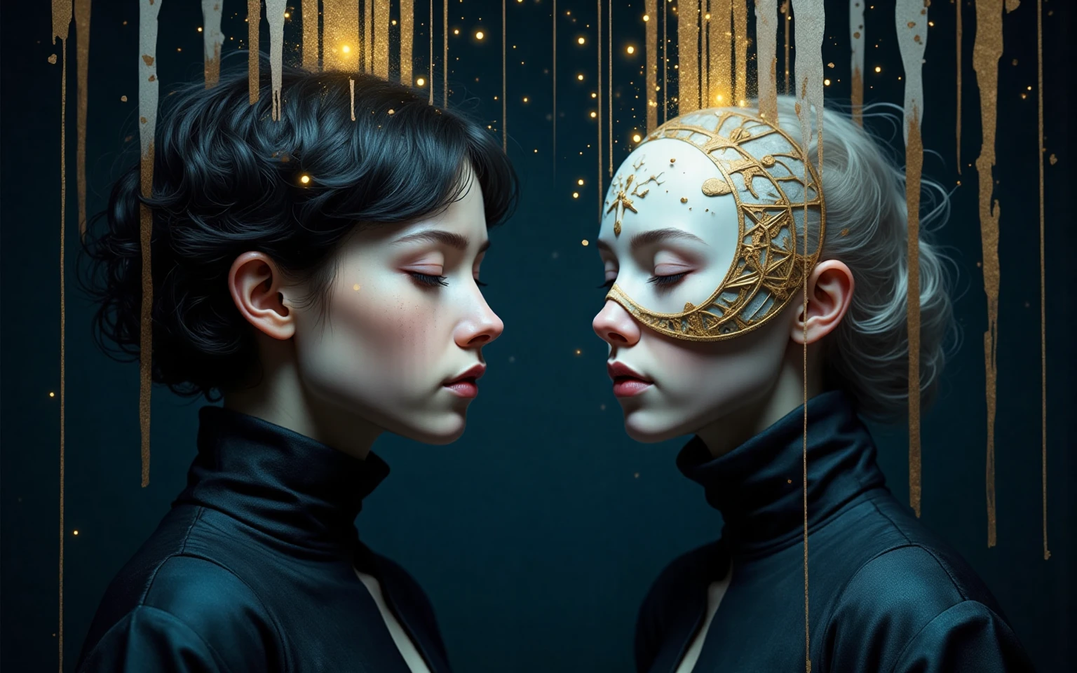 An imagenious style artwork featuring a surreal, hyper-realistic portrait of two individuals. The image primarily focuses on the faces of two people, one on the left and the other on the right, both facing each other. The person on the left has a pale, almost ghostly complexion, with short, dark, wavy hair and light blue eyes. They are wearing a dark, form-fitting garment that blends seamlessly with the dark background. Their lips are slightly parted, and they appear to be whispering or murmuring something. The person on the right has a more ethereal appearance, with a smooth, porcelain-like skin tone and a strikingly symmetrical face. Their eyes are closed, and their lips are slightly pursed, giving an air of serenity. They are wearing a mask with a circular, white face, adorned with intricate, gold geometric patterns that resemble a celestial design. The mask covers the lower half of their face, with only their eyes and a small portion of their forehead visible. The background is a dark, moody blue, and vertical lines of gold and white, resembling rain or a celestial shower, cascade down from the top of the image, adding a dynamic and mystical element to the composition. The overall style is a blend of realism and surrealism.