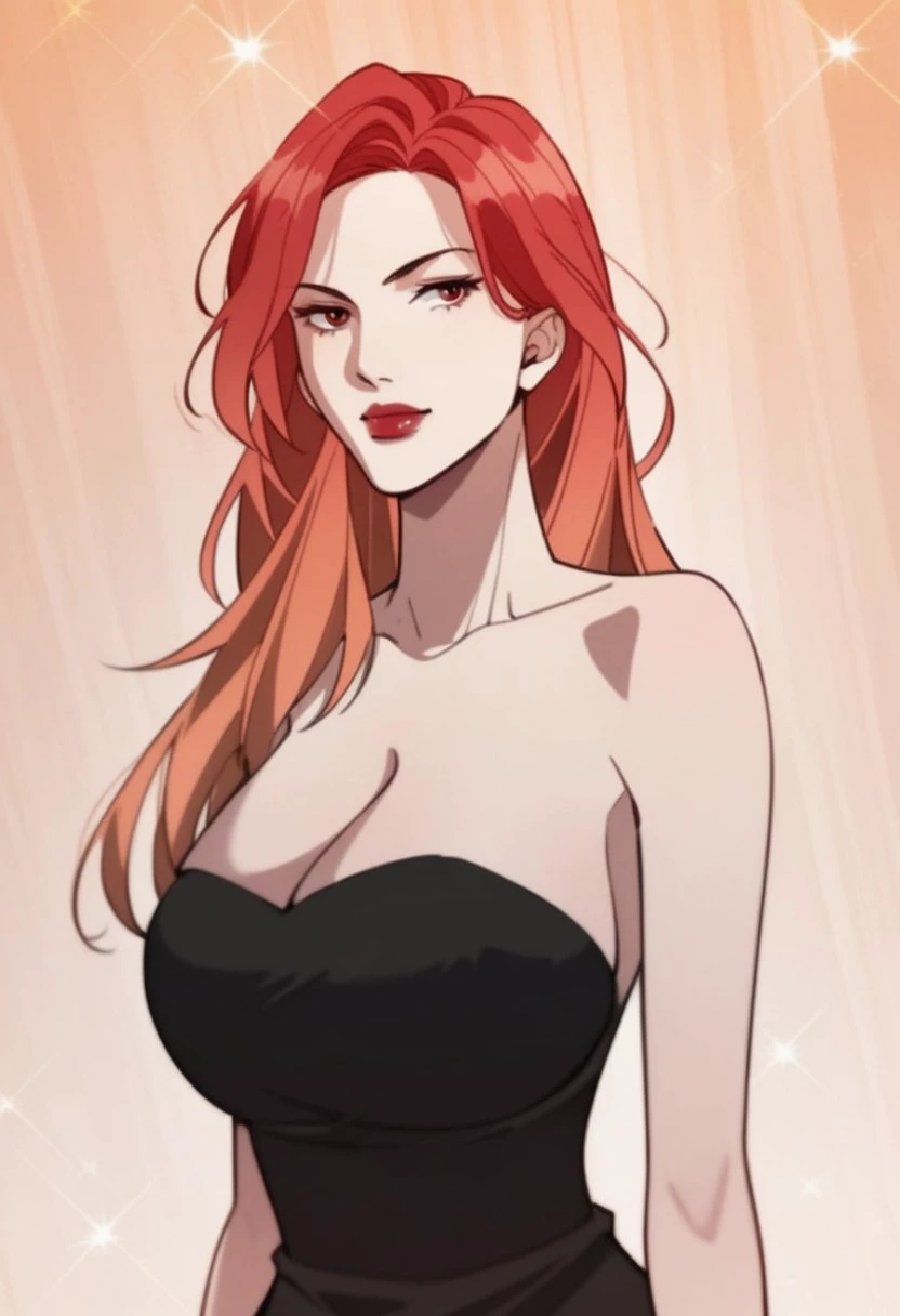 score_9, score_8_up, score_7_up, BREAK, TaoYaoying, long hair, gradient hair, red hair, orange hair, red eyes, large breasts, red lips, makeup, TaoDress, cleavage, strapless dress, black dress, side slit, 1girl, solo,