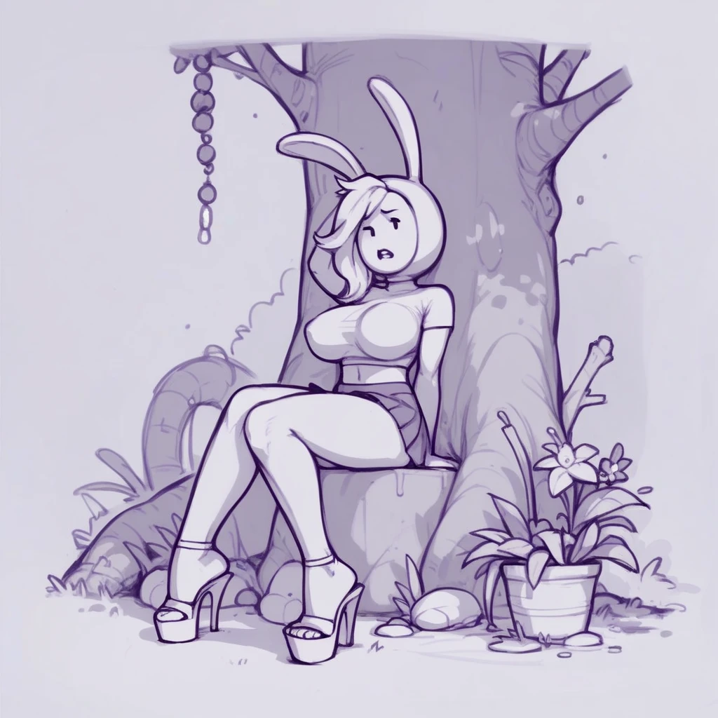 score_9, score_8_up, score_7_up, score_6_up, score_5_up, 1girl, full body, solo,
(source_cartoon),
<lora:Fionna (Adventure Time) - Misplaced Lines Style:0.9>Fionna_Misplaced_Lines, blonde hair, rabbit ear hat, white skin, rabbit hood, animal hood, hood, lineart, sketch, monochrome, purple theme,
crop top, miniskirt, pleated skirt, high heels,
large breasts, <lora:nagatiti:0.9> nagatiti,
outdoors,
<lora:Expressive_H:0.7> Expressiveh,
<lora:add-detail-xl:0.9>