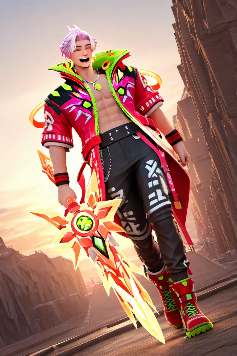 3D, 3D character, day, natural lighting, wind, surreal, male focus, holding weapon, full body, looking away, smiling, closed eyes, SPFredrinnML, pink_SPFredrinnML_male hair, gold_SPFredrinnML_earrings, pink_SPFredrinnML_male hair, red-green_SPFredrinnML_multicolored open jacket, silver-yellow_SPFredrinnML_necklace, glowing, red-black_SPFredrinnML_wristband, black_SPFredrinnML_pants, black-grey_SPFredrinnML_double belt, red-green_SPFredrinnML_footwear, closed mouth, 1boy, outdoors, dutch angle, intricately detailed illustration, masterpiece, best quality, amazing quality, very aesthetic, absurdres, newest