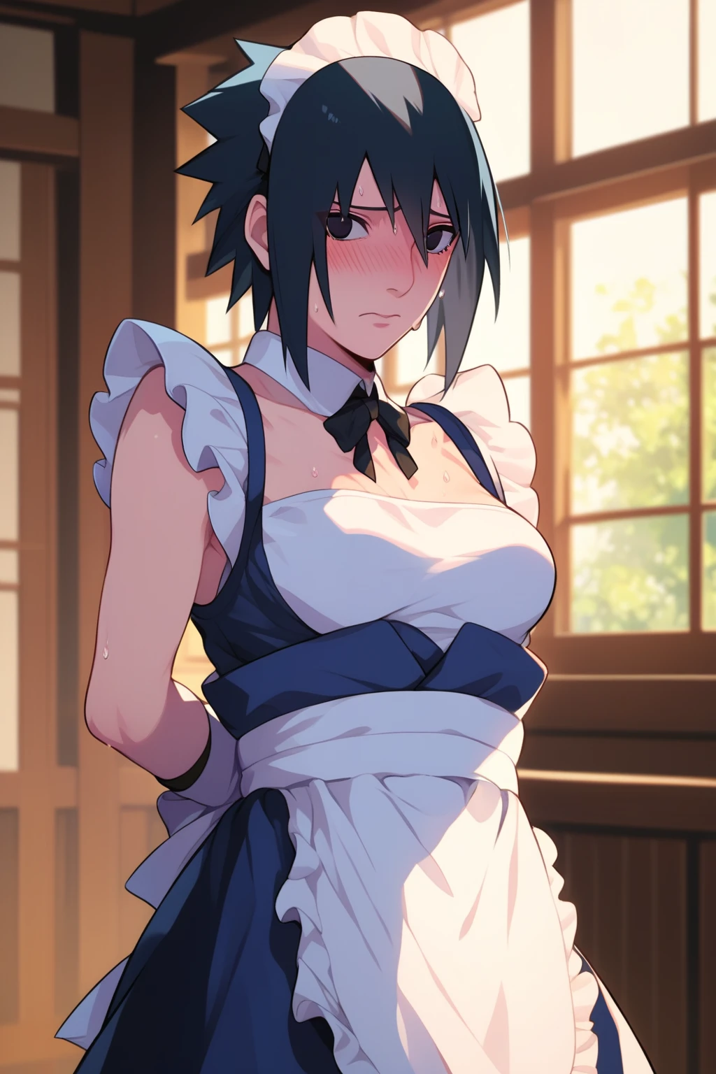 score_9, score_8_up, score_7_up, source_anime, detailed, novel illustration, wallpaper, sasuke uchiha, 1girl, genderswap (mtf), black hair, black eyes, looking at viewer, hair between eyes, medium breasts, maid, maid headress, blush, embarrassed, sweat, nervous, arms behind back, cowboy shot, indoors