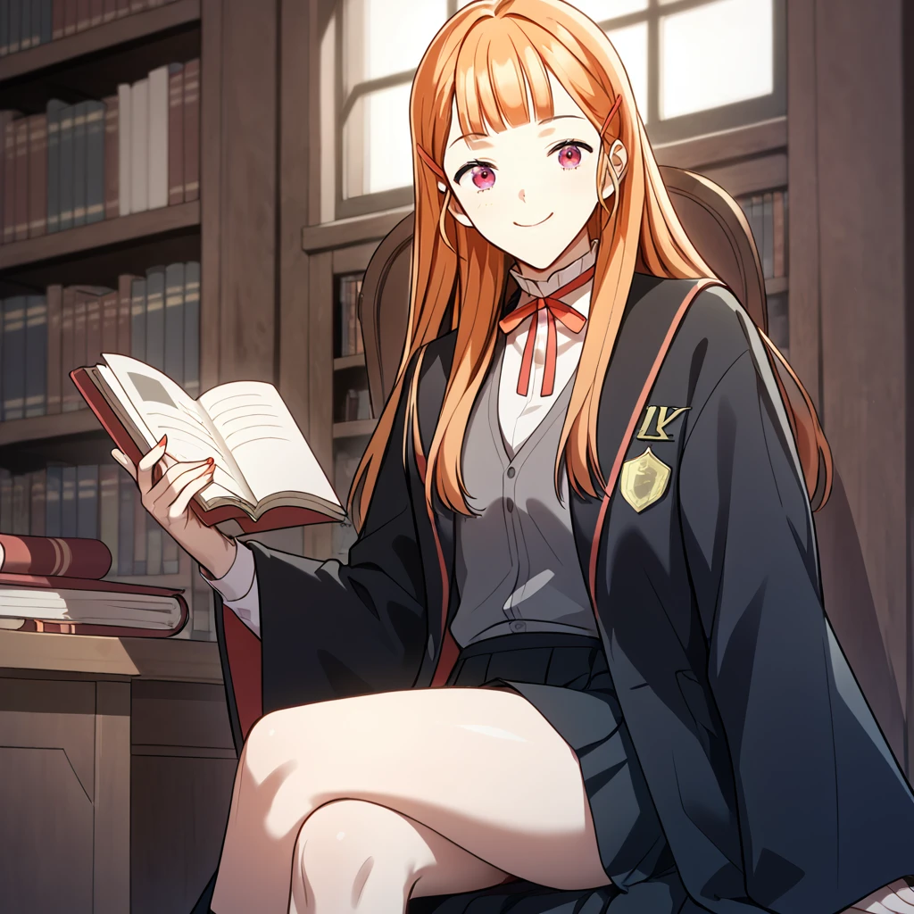 1girl, solo, sharelle, long hair, blunt bangs, bangs, orange hair, red hairclip, school uniform, black coat, black robe, white shirt, grey vest, red ribbon, neck ribbon, black skirt, long skirt, thighs, desk, sitting, crossed legs, smile, book, reading, 
score_9, score_8_up, score_7_up, masterpiece,zPDXL3, indoors, library, 
 <lora:Sharelle:0.85>