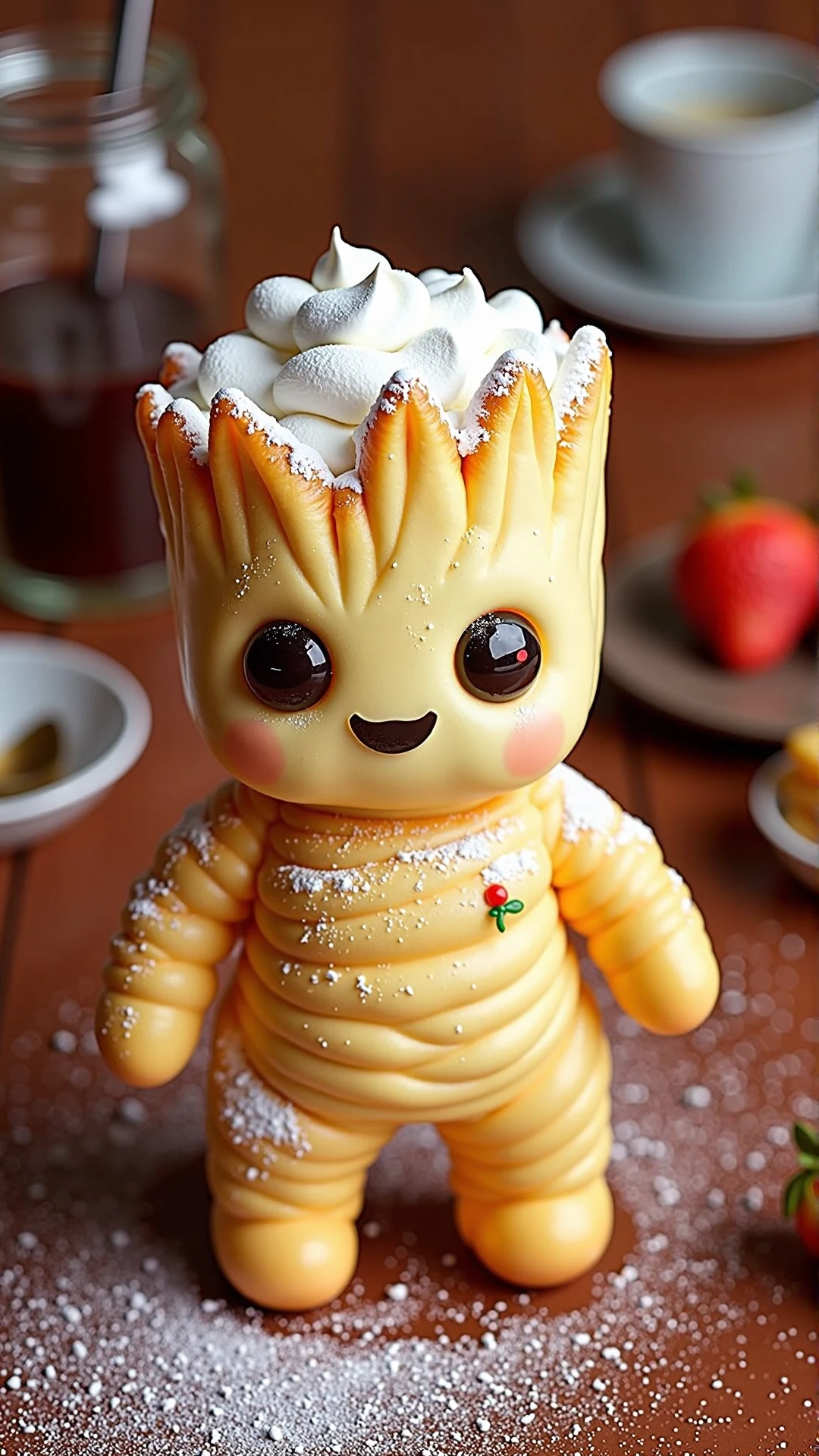 A photo of a SemlaStyle Marvel's character: <lora:groot_v2:1> Groot A wood creature made entirely out of semla which made out of wheat material with whipped cream and with powdered sugar on top. Food craft.<lora:SemlaStyleFlux:1>