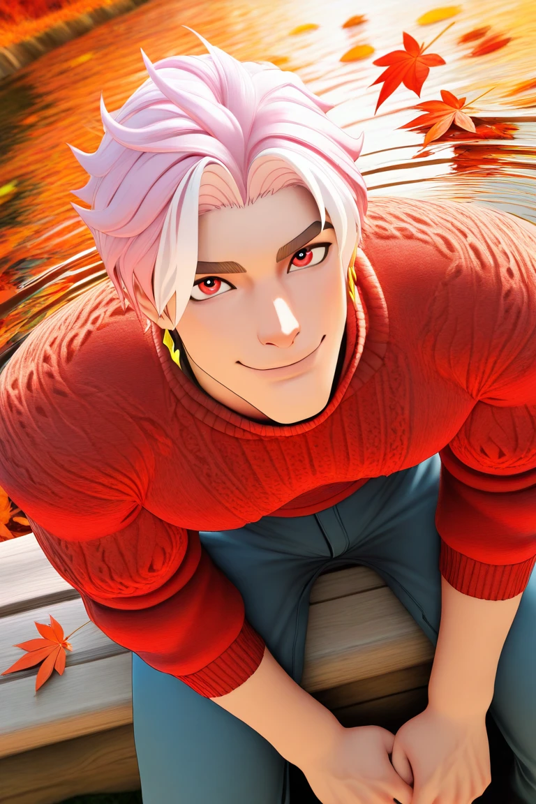 3D character, day, natural lighting, autumn theme, autumn leaf, leaves, water, water ripple, male focus, solo, looking up at viewer, sitting, smiling, happy, expressive face, SPFredrinnML, red_SPFredrinnML_eyes, pink_SPFredrinnML_male hair, gold_SPFredrinnML_earrings, closed mouth, autumn clothes, sweater, pants, manly, 1boy, blurry outdoors, from above, dutch angle, intricately detailed illustration, masterpiece,best quality,amazing quality,very aesthetic,absurdres,newest