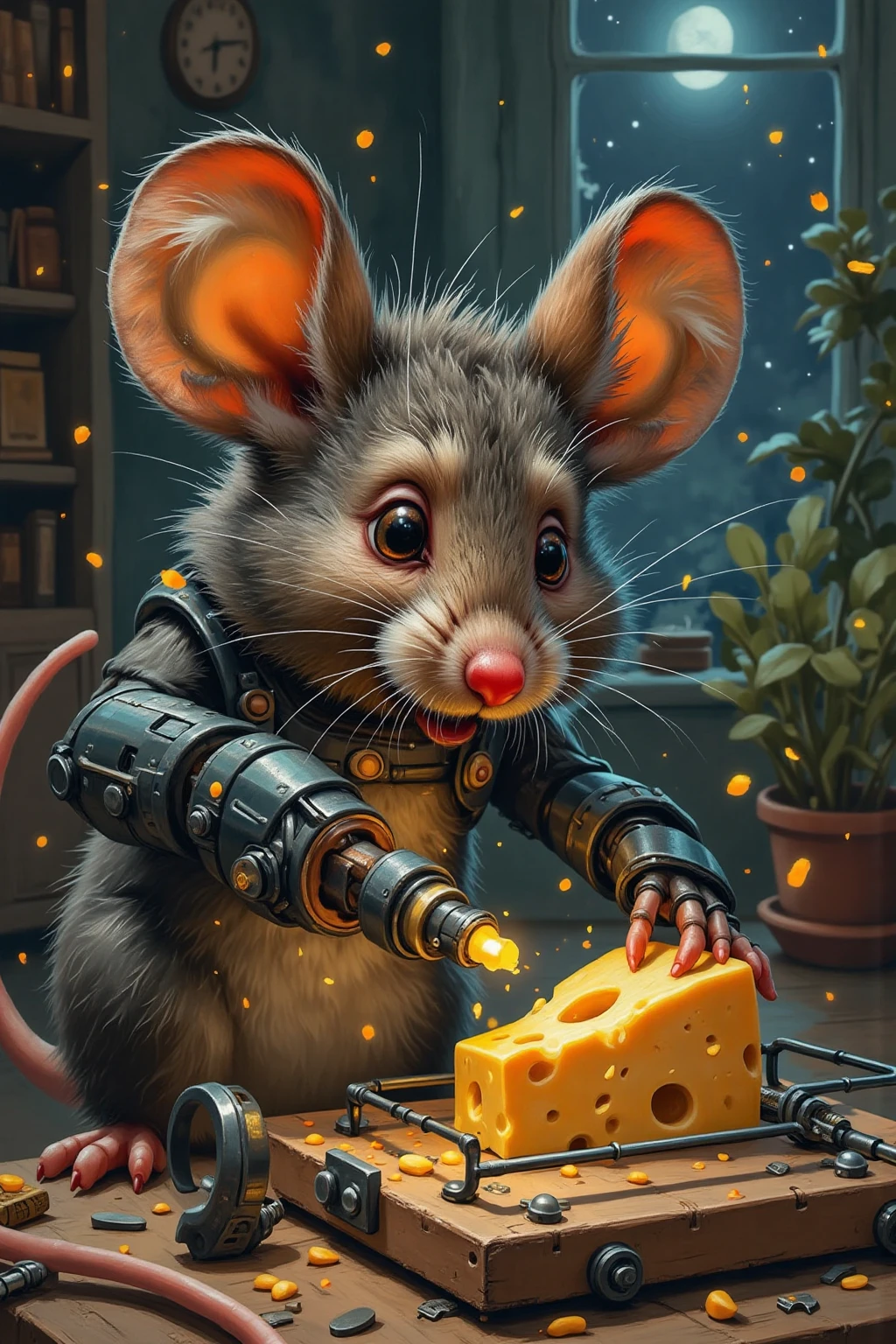 A whimsical imagenious style painting. A cybernetic mouse with a facial expression of great concentration is using a high tech tool to release a piece of cheese from a mousetrap. The environment is a living room at night.