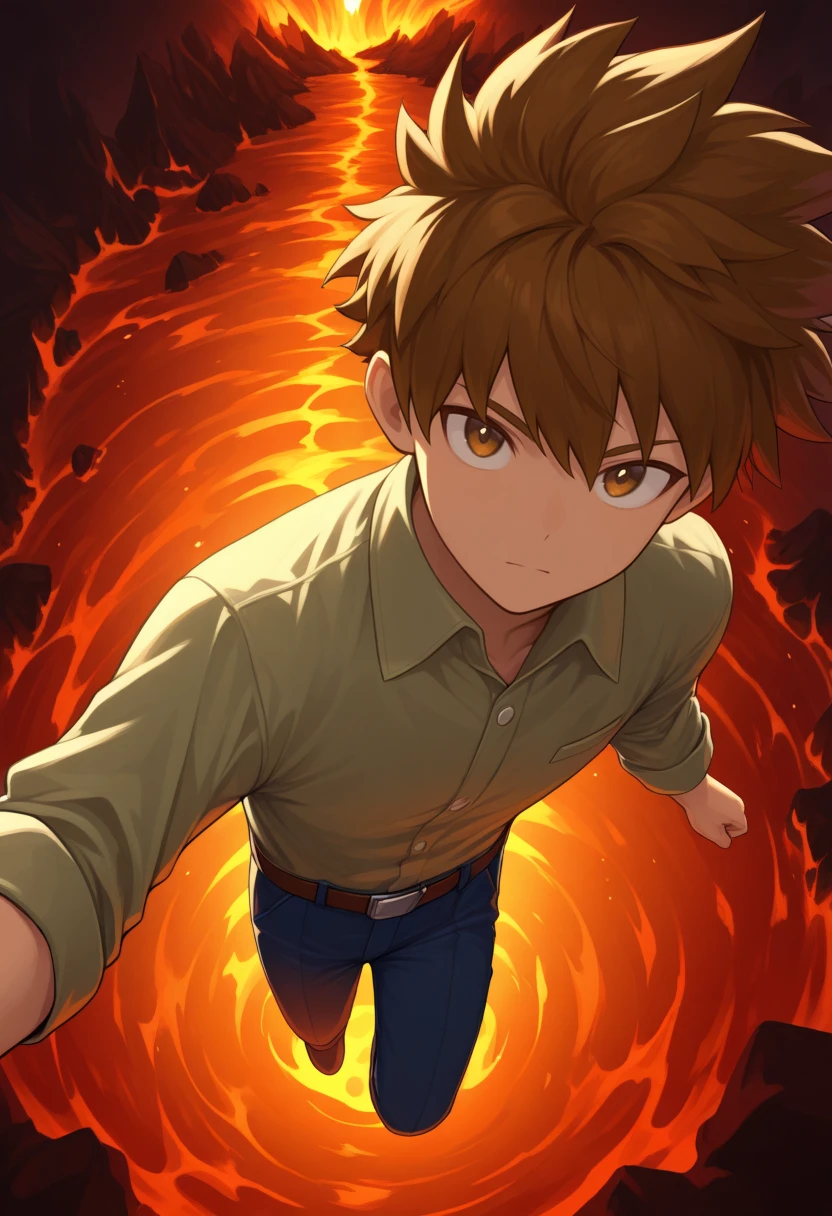 masterpiece, best quality, solo, 1boy, looking at viewer, <lora:Guide-illus_Fp-000005:1>, guidetre, brown hair, brown eyes, short hair, spiked hair, green shirt, collared shirt, belt, blue pants, hell, falling, molten rock, from above, skydive,