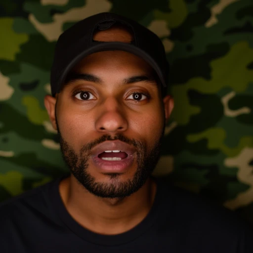 Black man. The image is a high-resolution photograph of a young man with a surprised or shocked expression. He has a medium-dark skin tone and is wearing a black baseball cap turned backwards. His eyes are wide open, slightly textured fabric, Black man. The image is a photograph of a man standing against a backdrop of green camouflage netting, and his eyes are gazing directly at the camera with a warm, three-quarter view from the side. His eyes are closed, adding depth to the image. He is wearing a dark-colored T-shirt