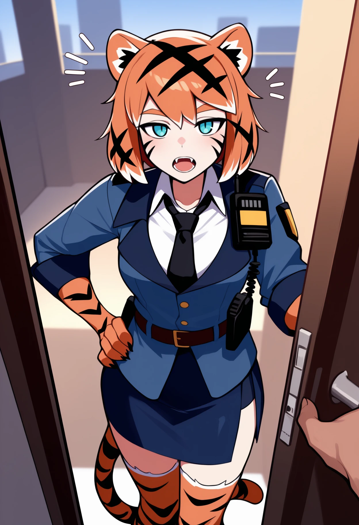 masterpiece, best quality, <break> pov doorway, solo focus, 1girl, va1erie, tiger tail, animal hands, claws, open mouth, fangs, looking at viewer, hand on own hip, notice lines, short hair, streaked hair, orange hair, white hair, black hair, tiger ears, blue eyes, police uniform, blue jacket, walkie-talkie, buttons, brown belt, white shirt, collared shirt, black necktie, blue skirt, pencil skirt, tiger print, tiger stripes, print thighhighs, outdoors, apartment
<segment:yolo-Anzhc Face seg 640 v2 y8n.pt,0.4,0.5//cid=1>