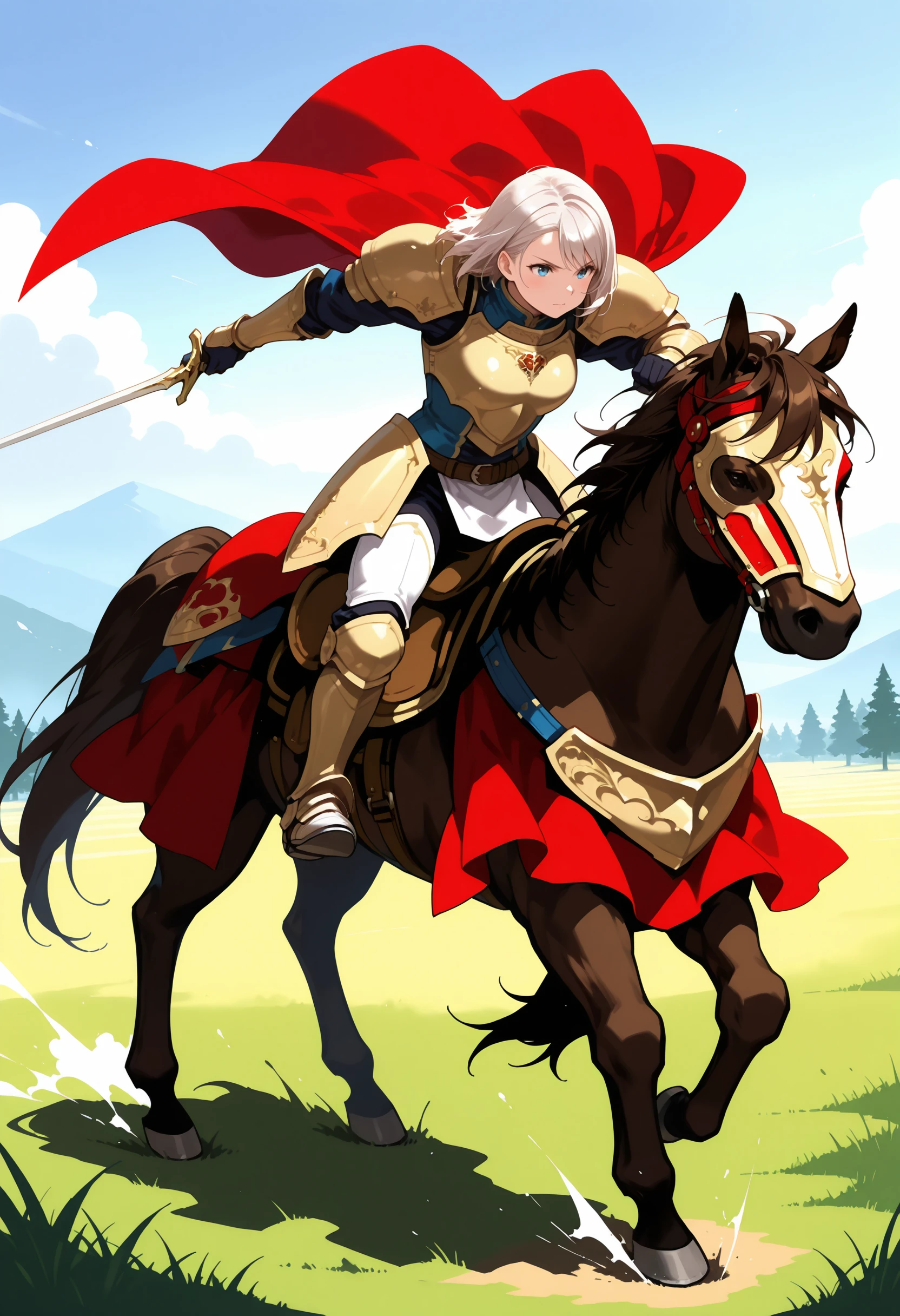 masterpiece,best quality,super detailed,extreme detailed,full_body BREAK nature,field,
BREAK 1girl,Cavalier,armor,cape,gloves,horse,horseback riding,holding sword,<lora:cavaliar-IL:1>,fighting stance,charging forward,