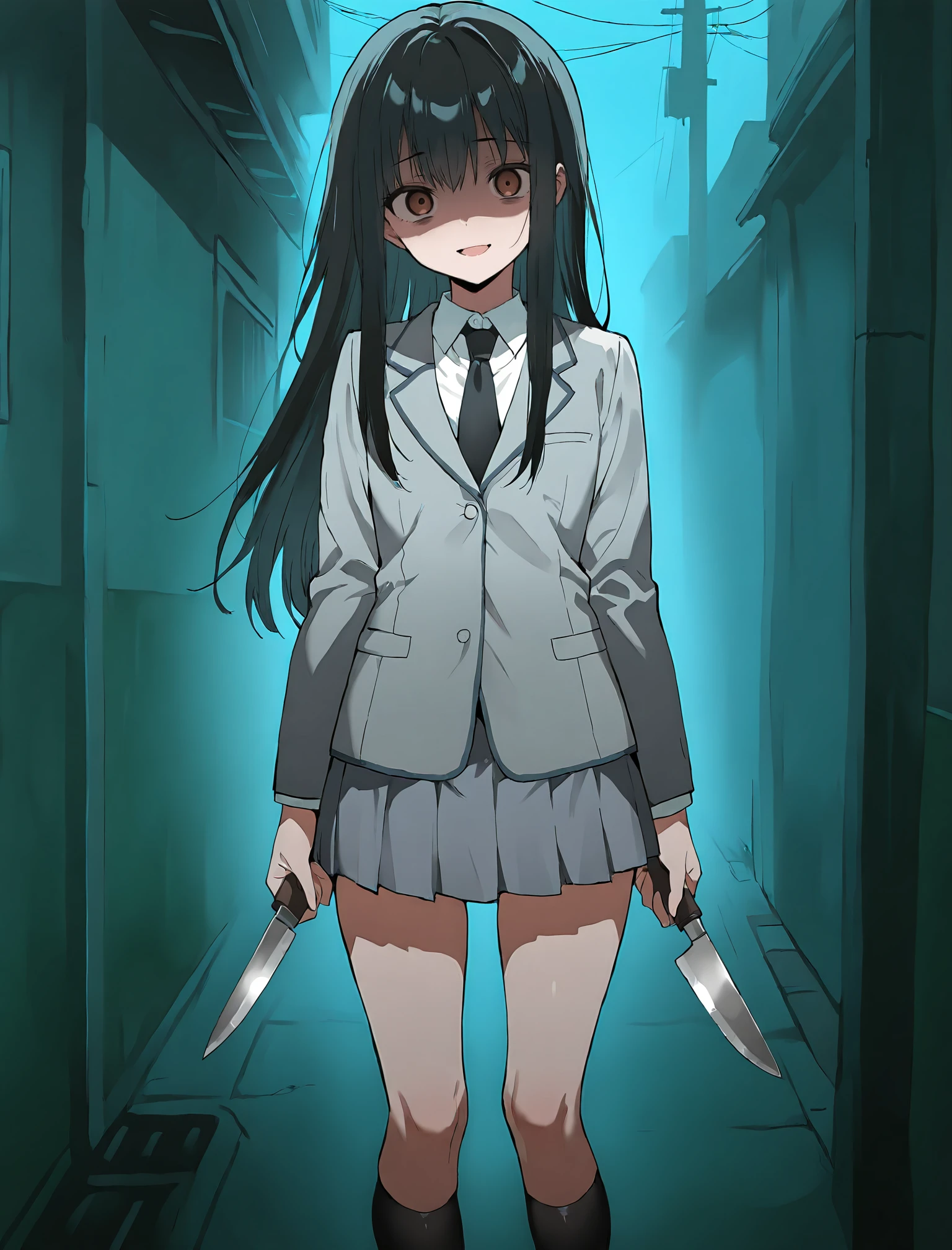 <lora:Yukiko_Kanzaki_i1:1>,1girl,solo,Yukiko Kanzaki,black hair,long hair,brown eyes,holding knife,gray jacket,white shirt,gray pleated skirt,black kneehighs,black necktie,
absurdres,masterpiece,best quality,amazing quality,very aesthetic,
petite,yandere,shaded_face,crazy,night,cinematic_angle,