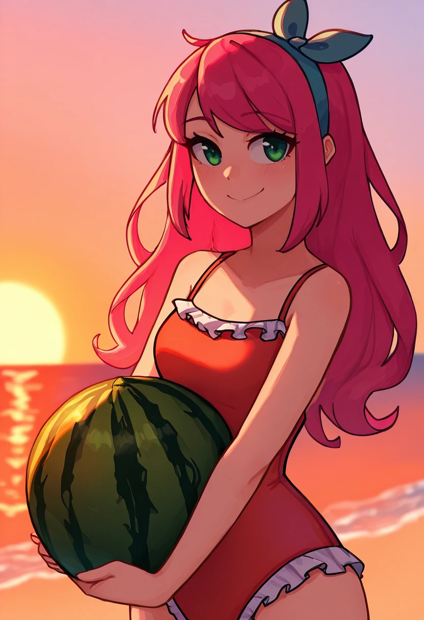 masterpiece, best quality, 1girl, solo, <lora:NSStylistTerraria:1> NSStylistTerrariaIllu, pink hair, long hair, green eyes, hairband, hair bow, orange swimsuit, frills, one-piece swimsuit, beach, smile, looking at the viewer, watermelon, holding watermelon, sunset