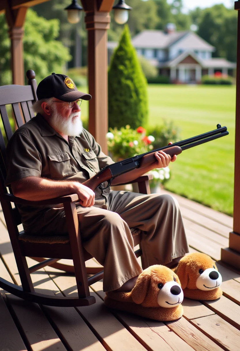 <lora:Plush_Slipper_Shaper_FLUX:1>
Photograph showcasing a grandfather wearing a pair of slippers shaped like dogs, while sitting in a rocking chair outside on his porch, overlooking his lawn holding a shotgun.