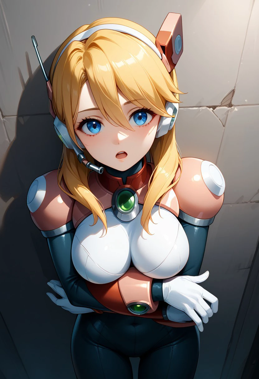 Score_9, score_8_up, score_7_up, highres, masterpiece, 1girl, solo, al1a, blonde hair, blue eyes, hair between eyes, hair over shoulder, robot ears, headgear, armor, bodysuit, breastplate, standing, front view, armor, white gloves, antennae, leaning on wall, microphone, crossed arm, open mouth, Expressiveh, zPDXL3, indoors, cyberpunk, hologram