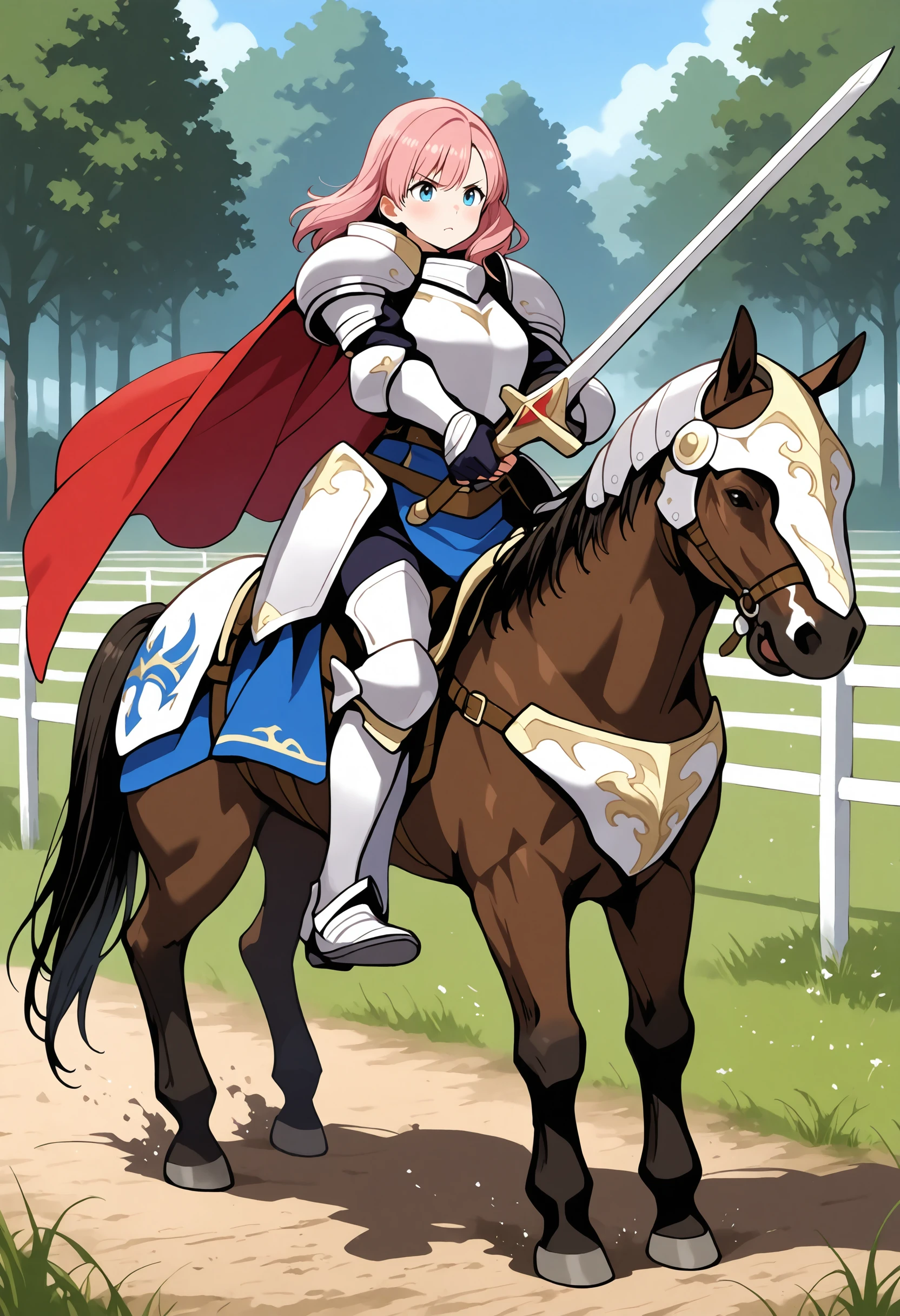 masterpiece,best quality,super detailed,extreme detailed,full_body BREAK nature,field,
BREAK 1girl,Cavalier,armor,cape,gloves,horse,horseback riding,holding sword,<lora:cavaliar-IL:1>,