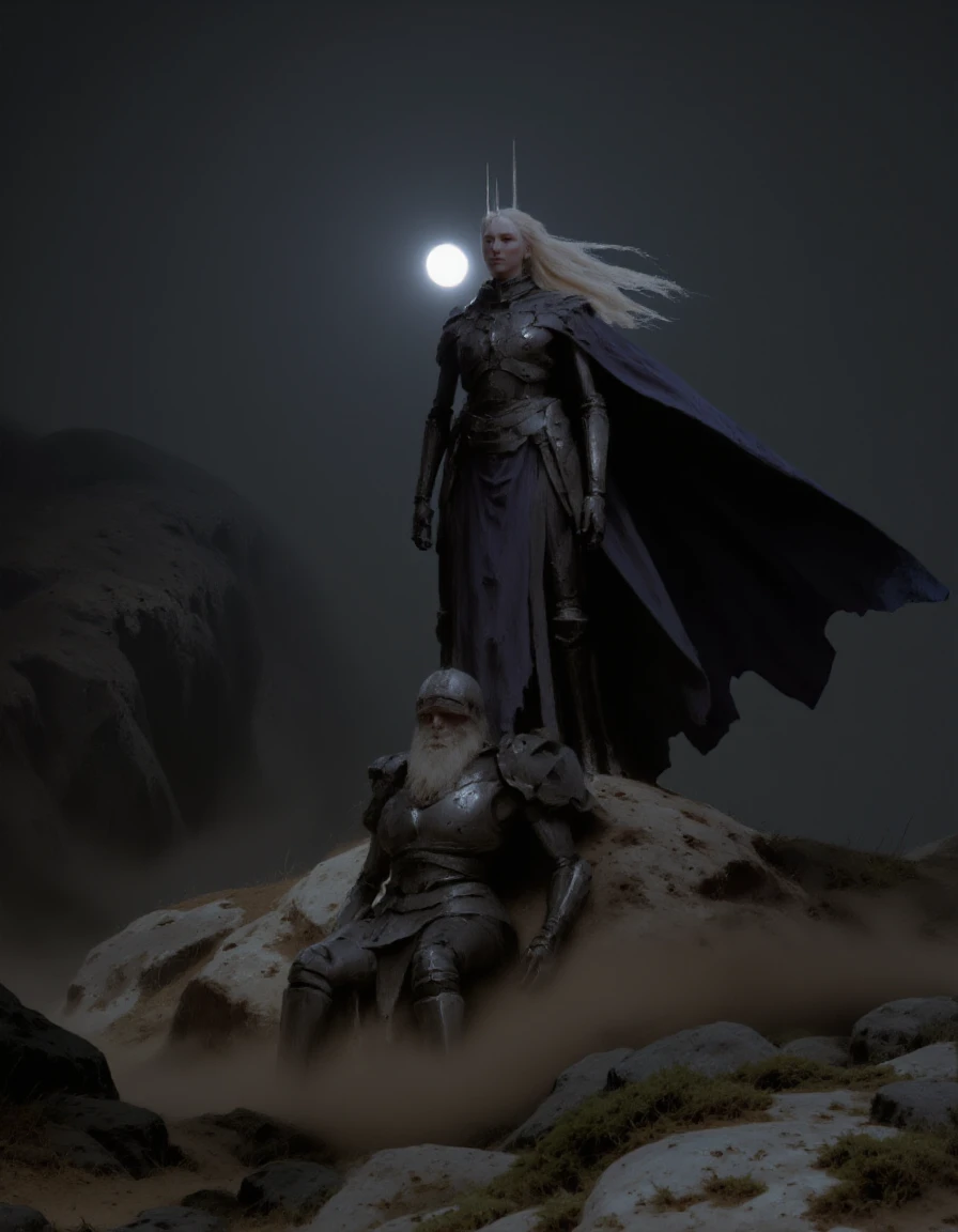 The scene is set in a desolate place, black sun casting a foreboding shadow over the scene. The ground is a mix of dry dust and plants, an imposing figure of a woman standing on a rocky outcropping. She has an ethereal, sci-fi aesthetic. The central figure is a humanoid robot, The knight, seated in a futuristic, post-apocalyptic aesthetic, with flowing beard. set against a gradient sky transitioning from dark at the bottom to a lighter shade at the top, foreboding environment.  depicting a haunting scene in a misty and eerie atmosphere. 
 <lora:A_Dismal_Style:1> dismal, digital painting, concept <lora:F.1 Vintage Abstract Film Aesthetic Film_V1:0.15> <lora:aidmaImageUpgrader-FLUX-V0.1:1.1> detailmaximizer, max details, <lora:flux.1_lora_flyway_Epic-detail_v2:0.9>