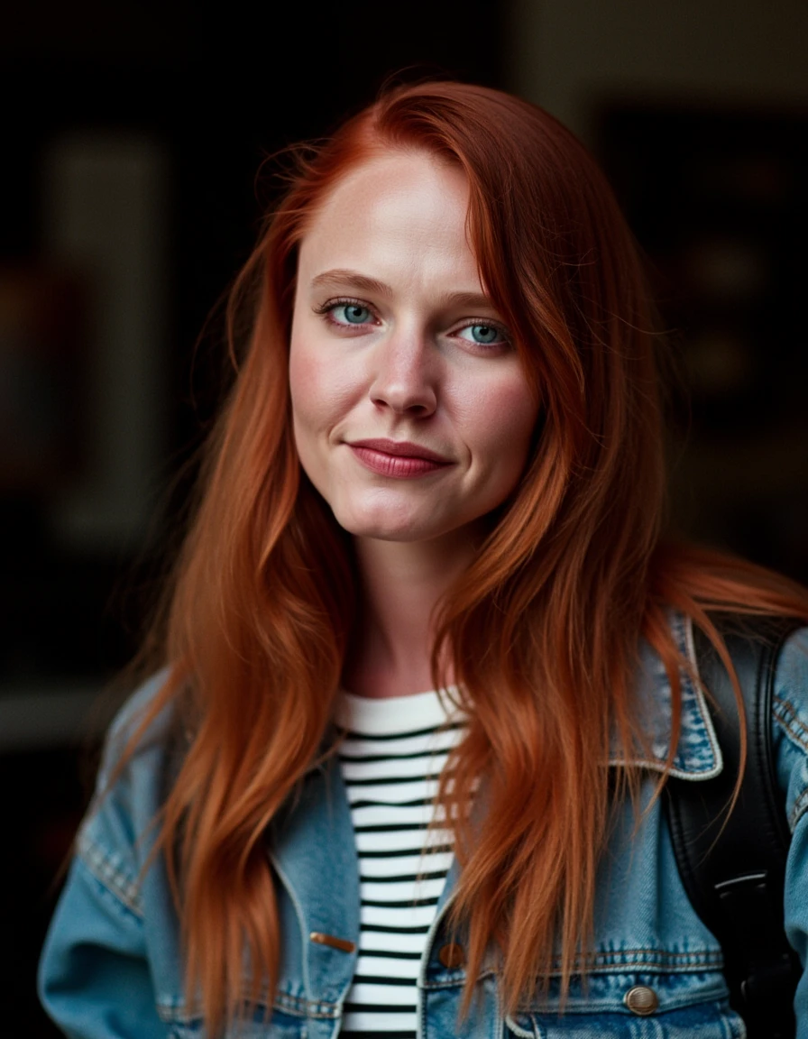 A conceptual portrait of a red haired young woman, wearing casual clothes. She has bright beautiful face makeup, and her expression is calm and contemplative happy. She's looking at the viewer.  She's at school. Her smile is innocent, naive and sincere. The image is high-contrast, with deep blacks and blurry highlights. Camera Settings: Captured with a Canon EOS-1D X Mark III, 85mm lens, f/1.8, with high dynamic range to make the hair glow against the dark background.  <lora:Alice - nightmare on elm street 4:1>